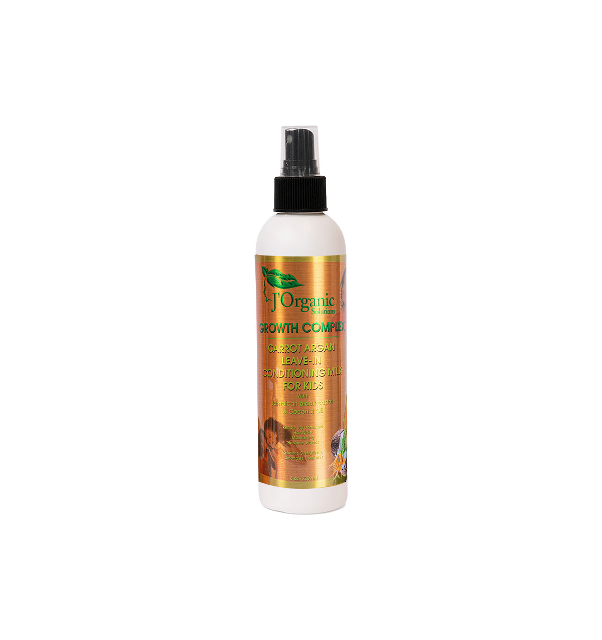 J'Organic Solutions Carrot Argan Leave-In Conditioning Milk, a nourishing formula for kids that restores moisture, detangles, and leaves hair with a radiant shine.